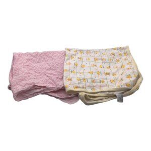 Lot Of 2 Baby Girl Square Blankets Ducks & Hearts Designs Cotton Pink Yellow
